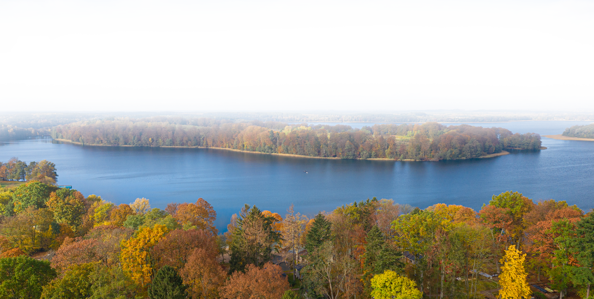 Widok z góry na błękitne jezioro i otaczające je drzewa